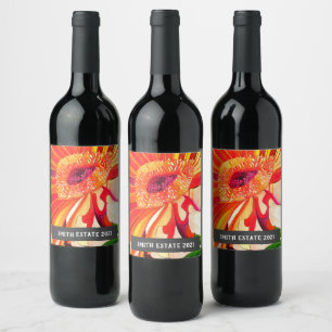 Étiquette Pour Bouteilles De Vin Étiquette à vin d'art floral orné d'orange gerbera