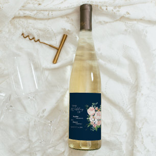 Étiquette Pour Bouteilles De Vin Étiquette de vin de mariage Navy Floral Blush