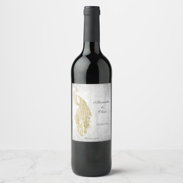 Étiquette Pour Bouteilles De Vin Étiquette de vin Mariage Gold Peacock (Devant)