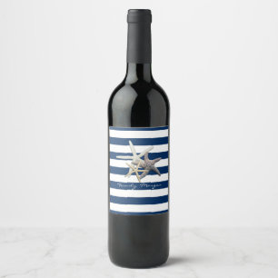Étiquette Pour Bouteilles De Vin Étoile de mer adorable, rayures bleu marine - Pers
