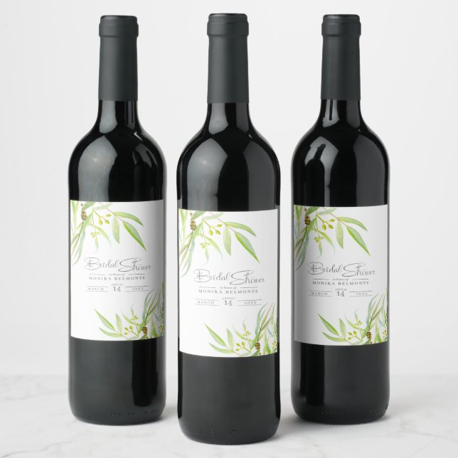 Étiquette Pour Bouteilles De Vin Eucalyptus feuille aquarelle vert nuptiale douche (Bouteilles)