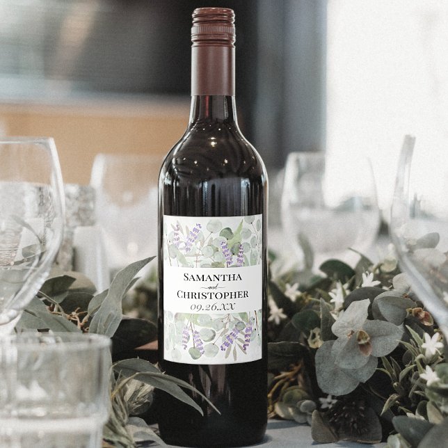 Étiquette Pour Bouteilles De Vin Eucalyptus Russe Aquarelle et Mariage Lavande (Créateur téléchargé)