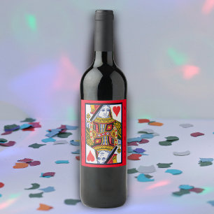 Étiquette Pour Bouteilles De Vin Fancy Colorful Heart Queen jouer carte sur rouge