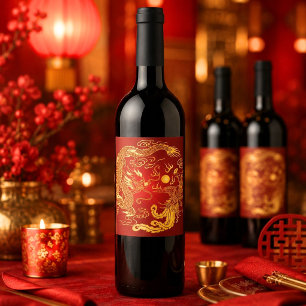 Étiquette Pour Bouteilles De Vin Faveur de mariage chinoise Dragon Phénix Rouge Or