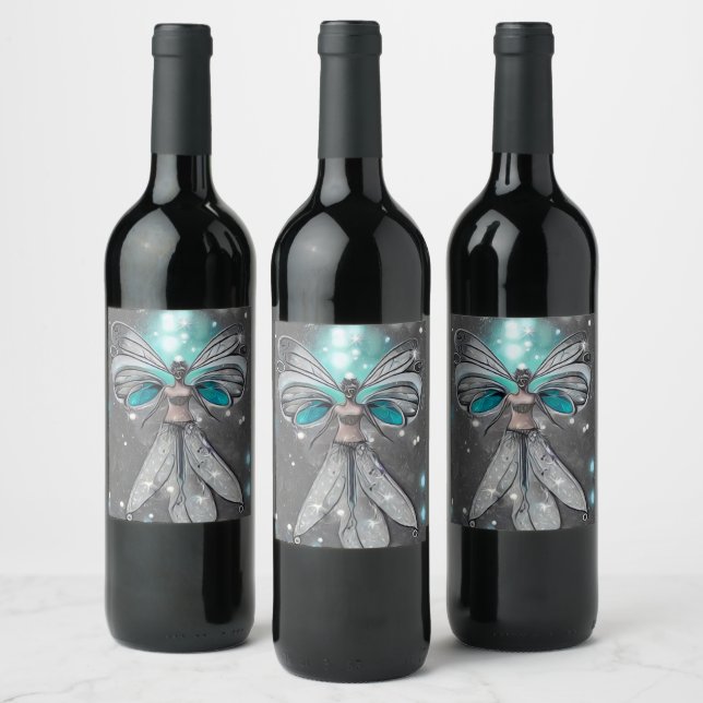 Étiquette Pour Bouteilles De Vin Fée aux lumières sarcelle peintes surréalistes (Bouteilles)