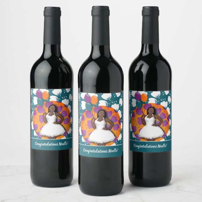 Étiquette Pour Bouteilles De Vin Félicitation ! Femme noire, Ballons & Fleurs (Bouteilles)