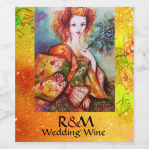 Étiquette Pour Bouteilles De Vin FEMME ROMANTIQUE AVEC PEACOCK FEATHER Mariage Jaun