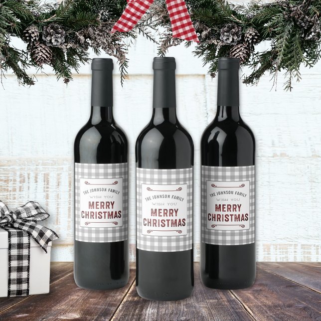 Étiquette Pour Bouteilles De Vin Ferme grise Gingham Joyeux Noël (Créateur téléchargé)