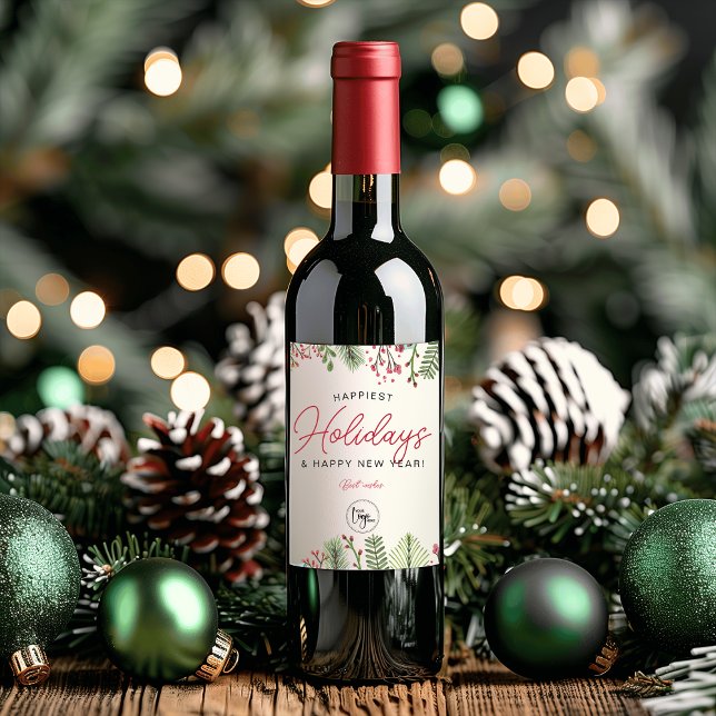 Étiquette Pour Bouteilles De Vin Festive Holiday Green Business Ajouter Votre Logo (Festive Holiday Greenery Business Add Your Logo Wine Label)