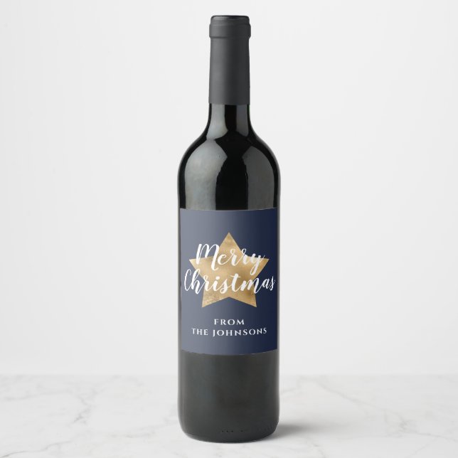 Étiquette Pour Bouteilles De Vin Festive Marine Blue Gold Star Noël (Devant)