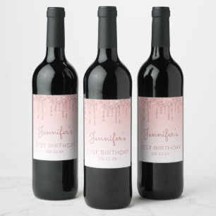 Étiquette Pour Bouteilles De Vin Fête d'anniversaire 21 ans Girly Pink Glitter Drip