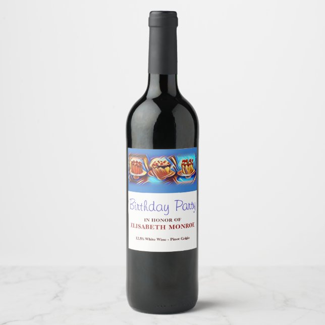 Étiquette Pour Bouteilles De Vin Fête d'anniversaire Cake Art Blue (Devant)