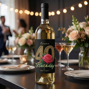 Étiquette Pour Bouteilles De Vin Fête d'anniversaire de 40 ans Rose Rouge Or Noir É