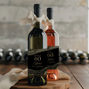 Étiquette Pour Bouteilles De Vin Fête d'anniversaire de 60 ans en Agate Noire Éléga