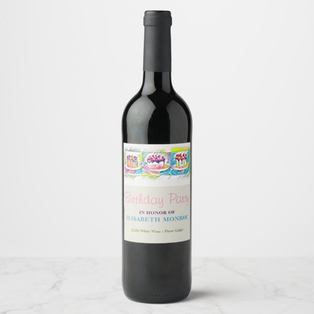 Étiquette Pour Bouteilles De Vin Fête d'anniversaire de Cake Art (Devant)
