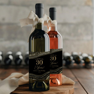 Étiquette Pour Bouteilles De Vin Fête d'anniversaire élégante noire agate or pour 3