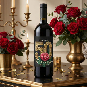 Étiquette Pour Bouteilles De Vin Fête d'anniversaire Glam Black Gold Red Rose 50 an