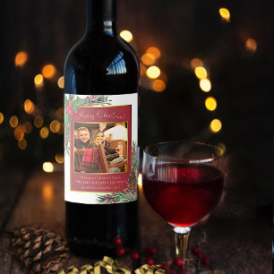 Étiquette Pour Bouteilles De Vin Fête de Noël Holly & Pine Joyeux Noël Photo