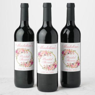 Étiquette Pour Bouteilles De Vin Fête des mariées de couronne florale rose