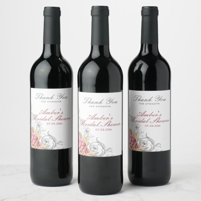 Étiquette Pour Bouteilles De Vin Fête des mariées florale rose (Bouteilles)