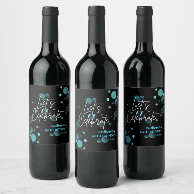 Étiquette Pour Bouteilles De Vin Fêtons l'anniversaire bleu du Bokeh Gradient noir (Bouteilles)