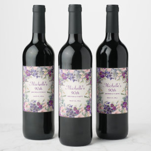 Étiquette Pour Bouteilles De Vin Feuillage de couleur rose pourpre 90e anniversaire