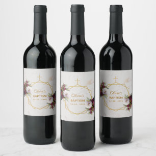 Étiquette Pour Bouteilles De Vin Fille Baptême Bourgogne Peonies Marbre Or Floral