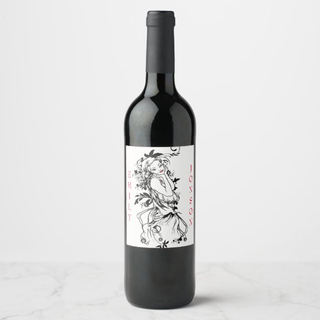 Étiquette Pour Bouteilles De Vin Fille florale Lèvres rouges (Devant)