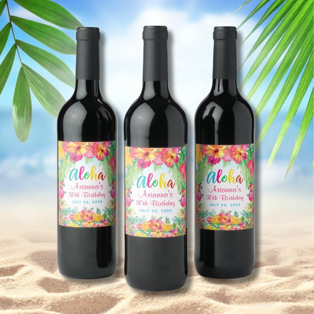 Étiquette Pour Bouteilles De Vin Flamant rose tropical Aloha Luau Anniversaire (Créateur téléchargé)