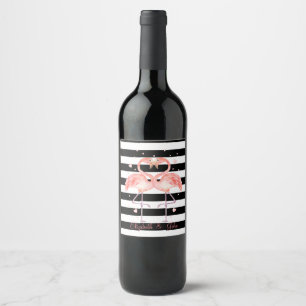 Étiquette Pour Bouteilles De Vin Flamants roses mignons amoureux, rayures noires et