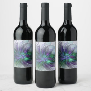 Étiquette Pour Bouteilles De Vin Fleur Abstraite Moderne Fractale Verte Violette