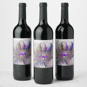 Étiquette Pour Bouteilles De Vin Fleur d'art fractal abstrait énergique et coloré