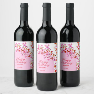Étiquette Pour Bouteilles De Vin Fleur de cerisier Sakura rose blanc Anniversaire