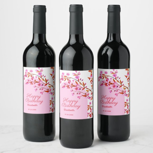 Étiquette Pour Bouteilles De Vin Fleur de cerisier Sakura rose blanc Anniversaire (Bouteilles)