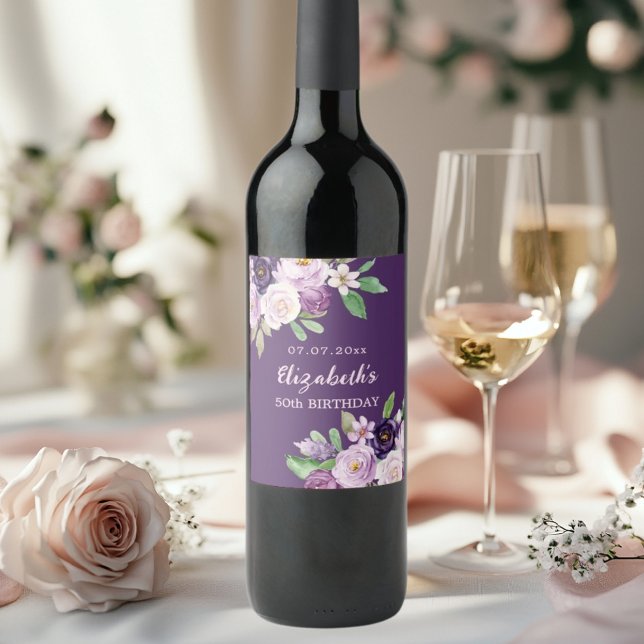 Étiquette Pour Bouteilles De Vin Fleur rose lavande violette anniversaire (Créateur téléchargé)