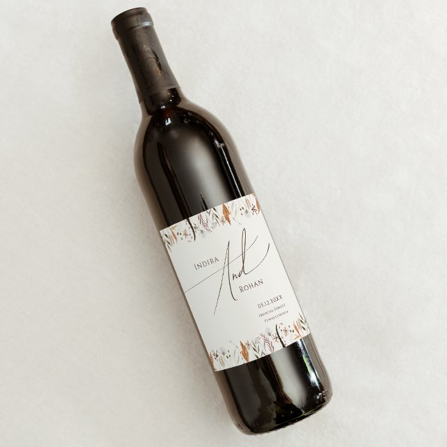 Étiquette Pour Bouteilles De Vin Fleur sauvage d'automne Boho | Mariage beige (Créateur téléchargé)