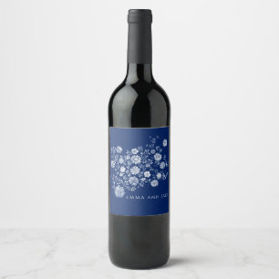 Étiquette Pour Bouteilles De Vin Fleurs aquarelles bleu marine