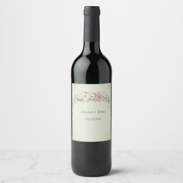 Étiquette Pour Bouteilles De Vin Fleurs aquarelles, Pois (Devant)