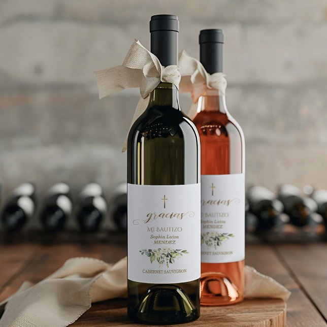 Étiquette Pour Bouteilles De Vin Fleurs blanches espagnoles Gracias Calligraphie Ba (Créateur téléchargé)