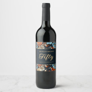 Étiquette Pour Bouteilles De Vin Fleurs bleues orange Anniversaire 50 ans