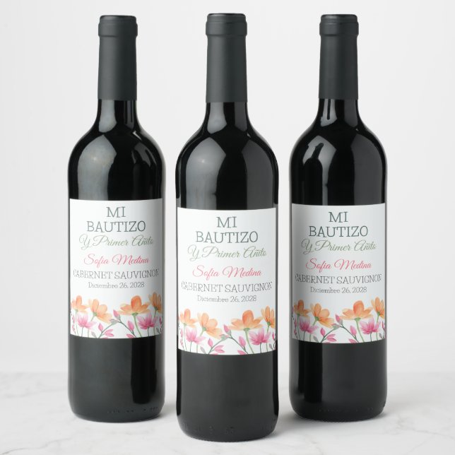Étiquette Pour Bouteilles De Vin Fleurs d'aquarelle en espagnol Première communion  (Bouteilles)