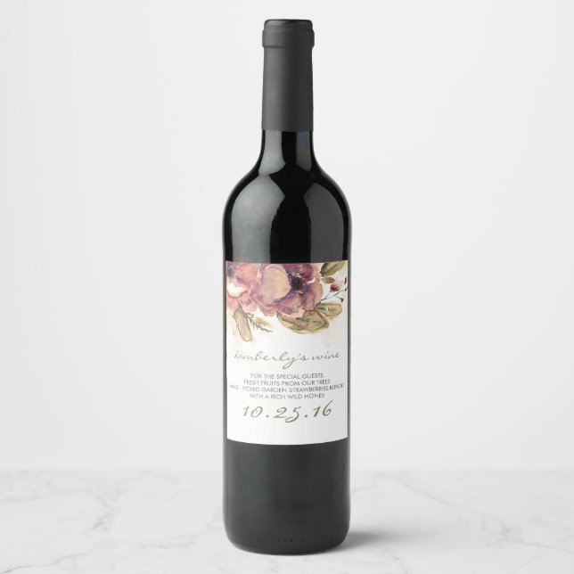 Étiquette Pour Bouteilles De Vin Fleurs d'aquarelle Mariage élégant (Devant)