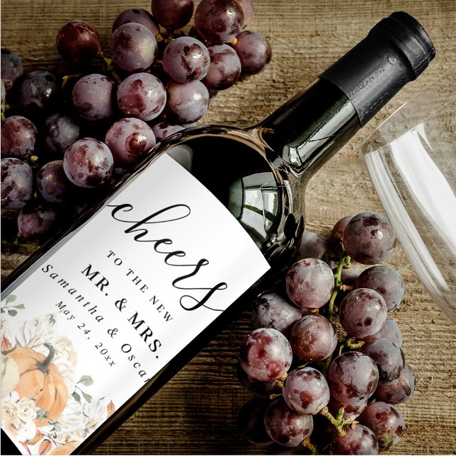 Étiquette Pour Bouteilles De Vin Fleurs d'aquarelle tendance et Citrouille automne (Créateur téléchargé)