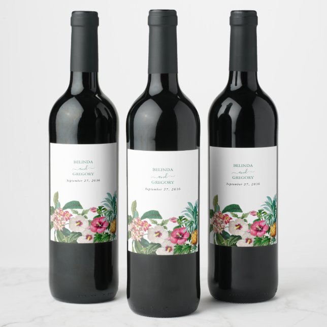 Étiquette Pour Bouteilles De Vin Fleurs d'aquarelle tropicale et Mariage de verdure (Bouteilles)