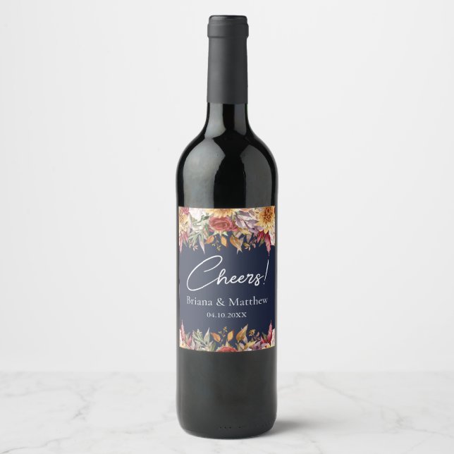 Étiquette Pour Bouteilles De Vin Fleurs d'automne Mariage bleu marine (Devant)