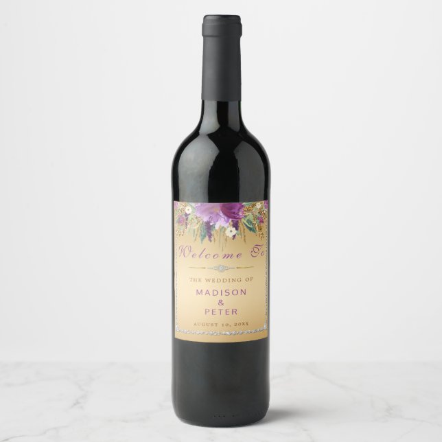 Étiquette Pour Bouteilles De Vin Fleurs de Parties scintillant violet Diamants Mari (Devant)