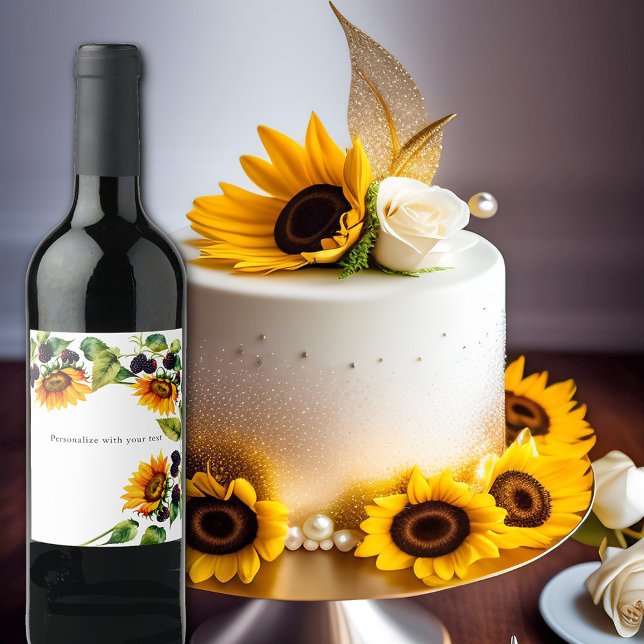 Étiquette Pour Bouteilles De Vin Fleurs de soleil d'aquarelle et framboises (Créateur téléchargé)
