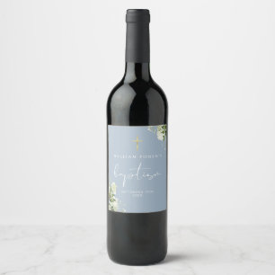 Étiquette Pour Bouteilles De Vin Fleurs de verdure rustique bleu poussiéreux baptêm