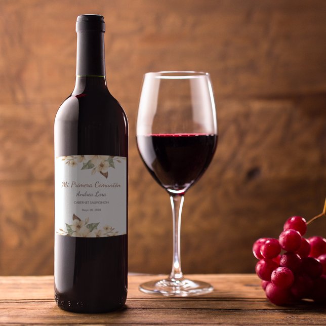 Étiquette Pour Bouteilles De Vin Fleurs Jaunes mignonnes Première Communion Espagno (Créateur téléchargé)