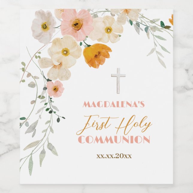 Étiquette Pour Bouteilles De Vin Fleurs pastel et verdure Première communion sainte (Étiquettes simples)